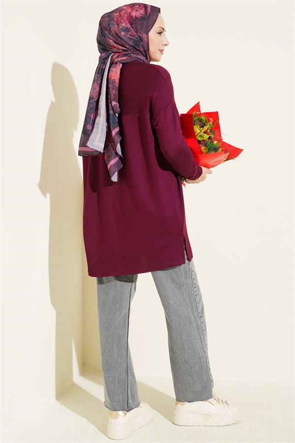 Plum-colored Tunic with Daisy Embroidery on the Front