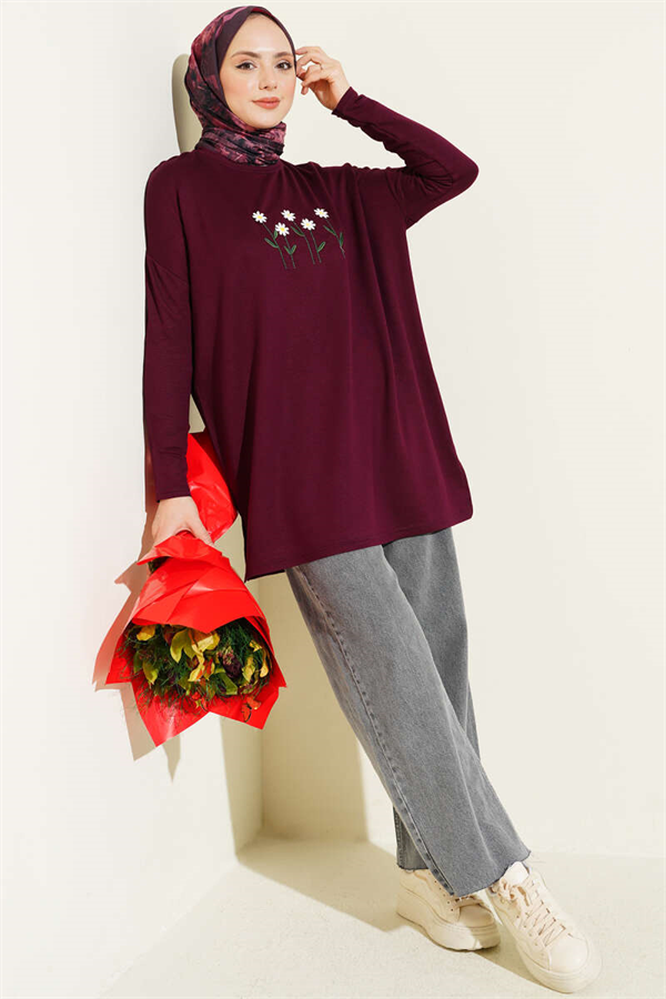 Plum-colored Tunic with Daisy Embroidery on the Front