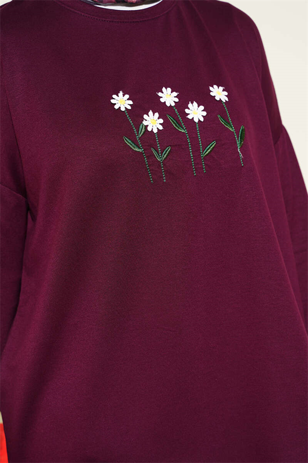 Plum-colored Tunic with Daisy Embroidery on the Front
