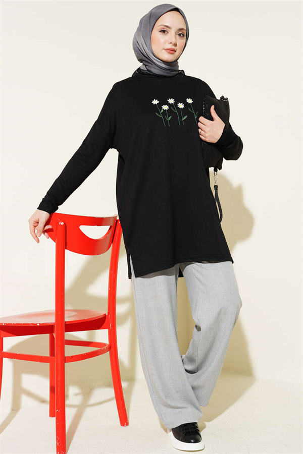 Black Tunic with Daisy Embroidery on the Front