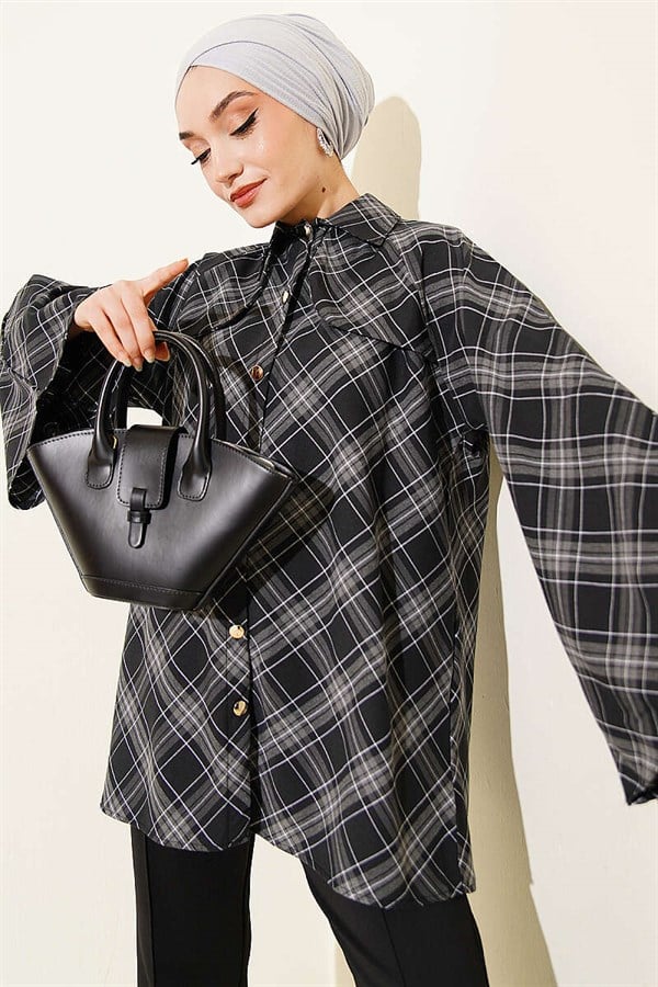 Black Plaid Shirt with Button Front
