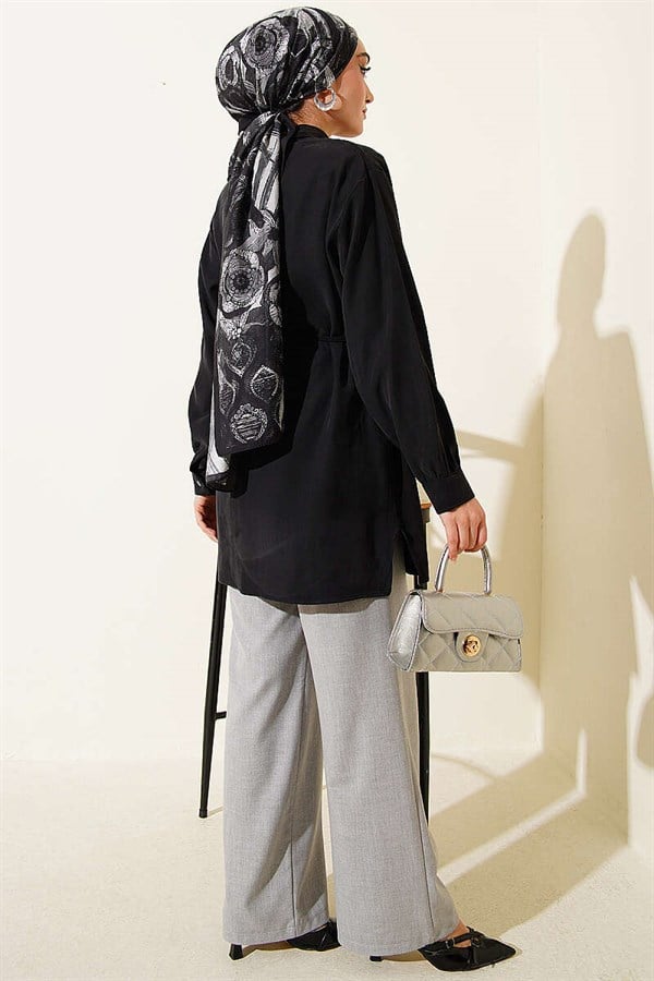 Black Tencel Shirt with Cape Front and Drawstring Belt