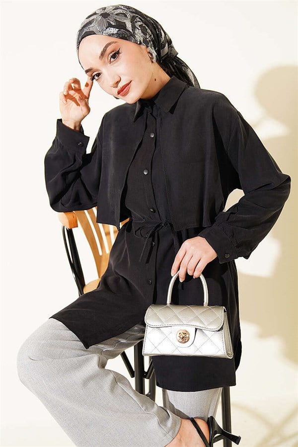 Black Tencel Shirt with Cape Front and Drawstring Belt