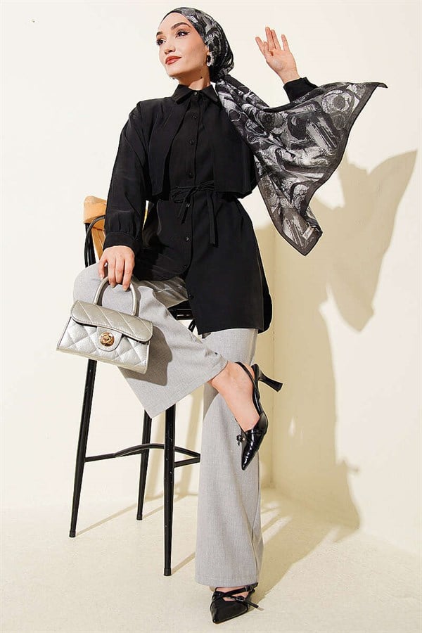 Black Tencel Shirt with Cape Front and Drawstring Belt