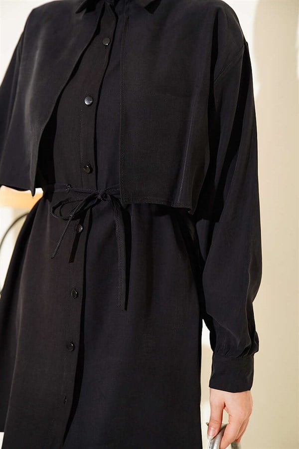 Black Tencel Shirt with Cape Front and Drawstring Belt