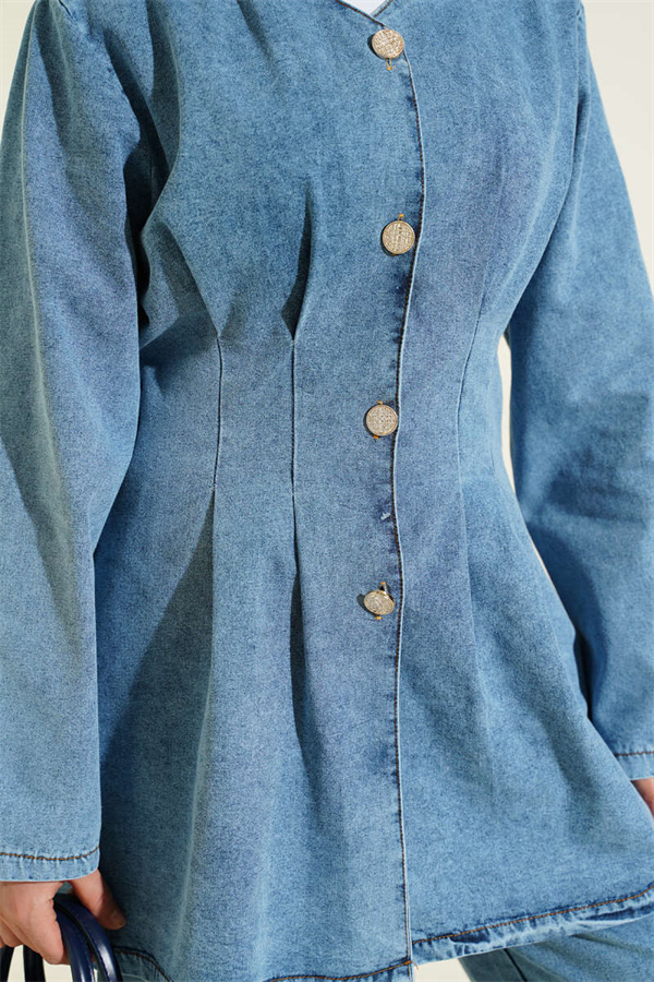 Front-pleated denim 2 Piece Set, light blue.