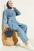 Front-pleated denim 2 Piece Set, light blue.