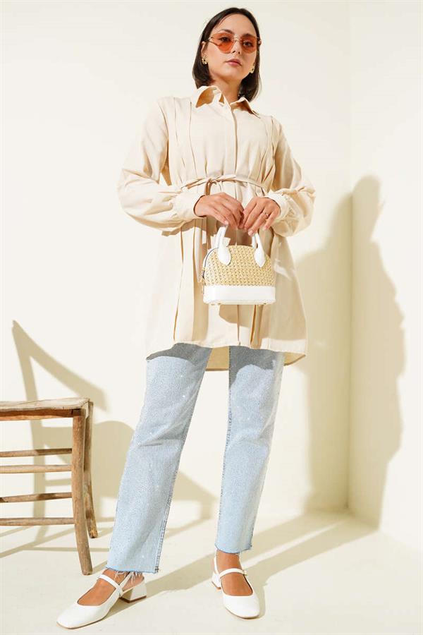 Front Darted Rope Belted Tunic Beige