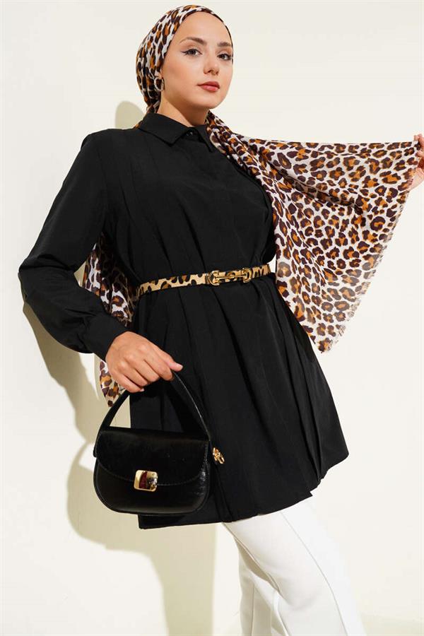 Front Darted Rope Belted Tunic Black