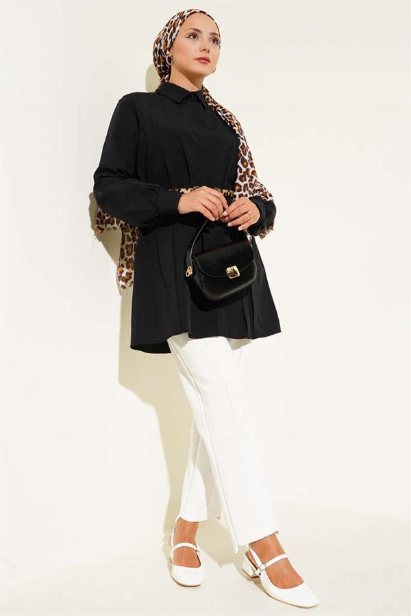 Front Darted Rope Belted Tunic Black