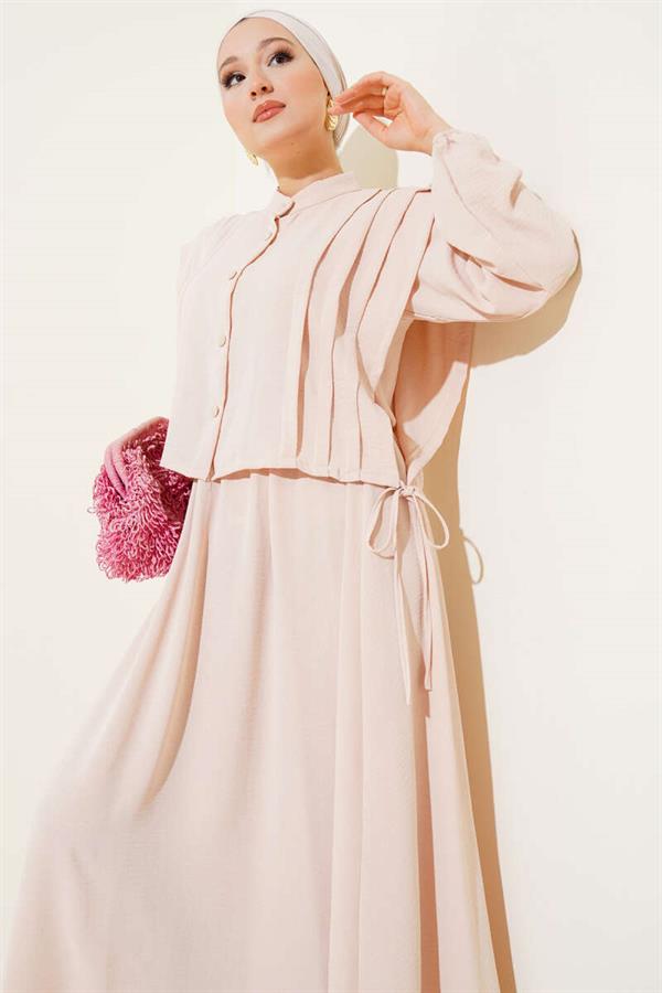 Beige Bolero Dress with Pleat Detail on the Front