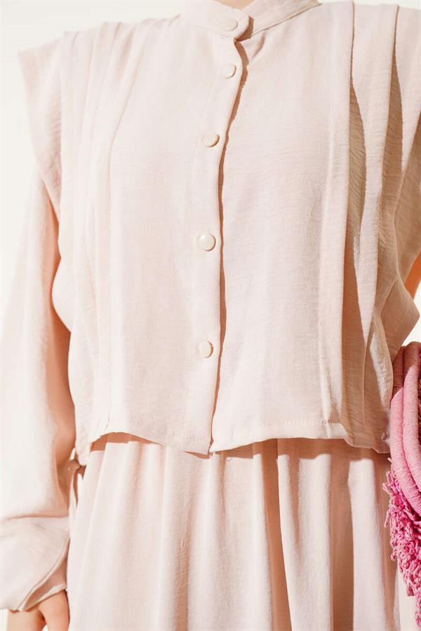 Beige Bolero Dress with Pleat Detail on the Front
