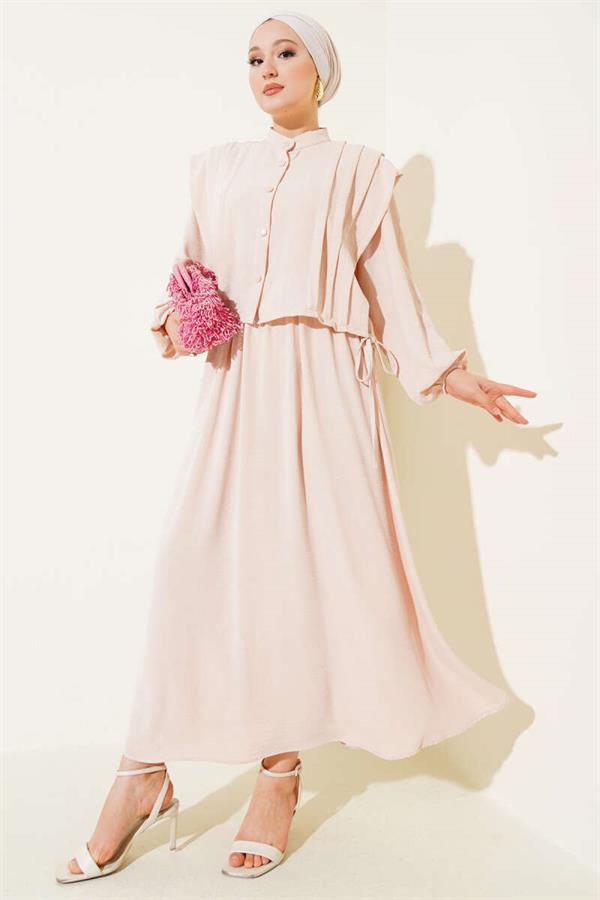 Beige Bolero Dress with Pleat Detail on the Front