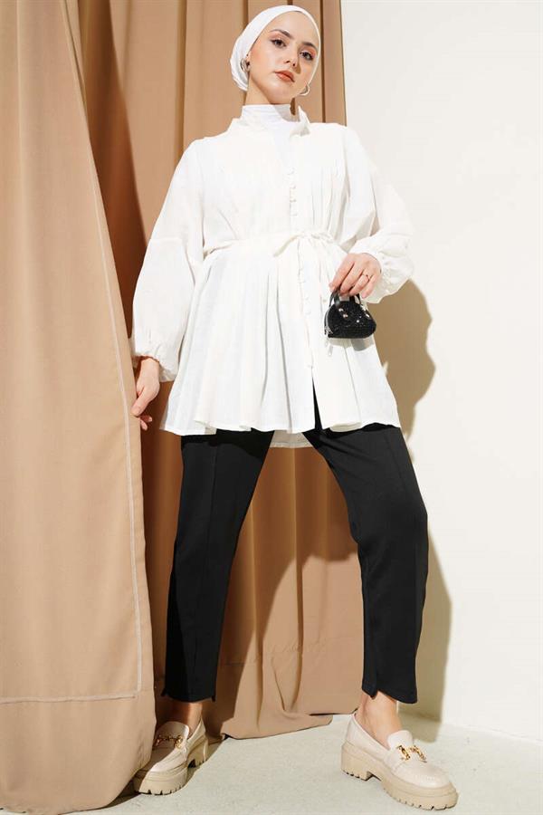 Pleated Front Detailed Cotton Voile Shirt Ecru