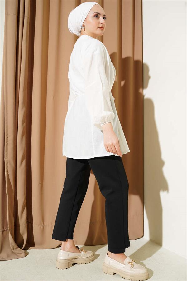 Pleated Front Detailed Cotton Voile Shirt Ecru