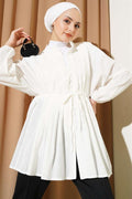 Pleated Front Detailed Cotton Voile Shirt Ecru