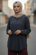 Tencel Shirt with Pleat Detail at the Front, Navy Blue
