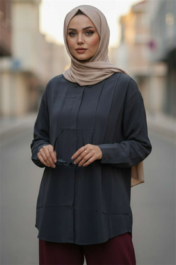Tencel Shirt with Pleat Detail at the Front, Navy Blue