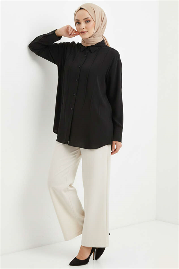 Tencel Shirt with Pleated Front Detail, Black