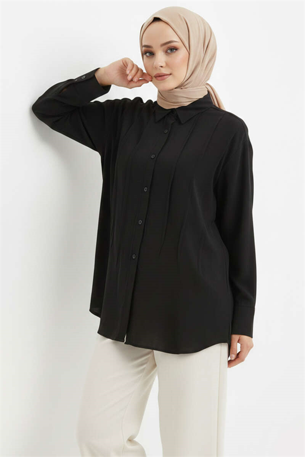 Tencel Shirt with Pleated Front Detail, Black