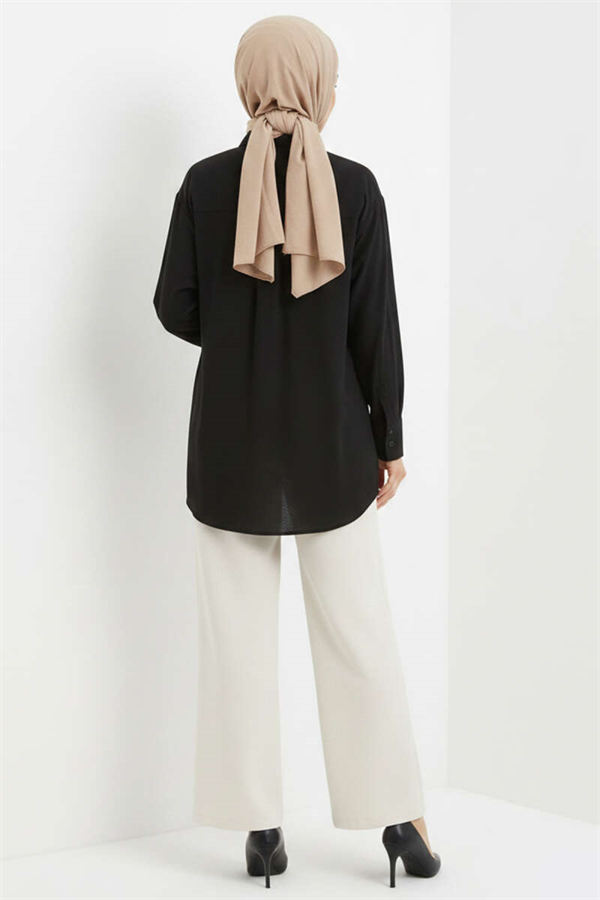 Tencel Shirt with Pleated Front Detail, Black