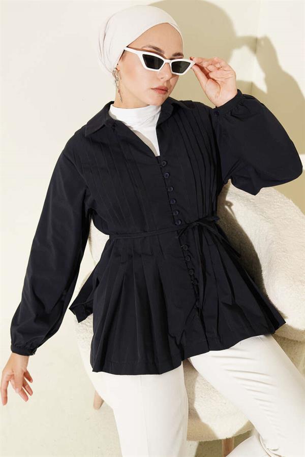 Pleated Front British Button-Down Shirt Navy Blue