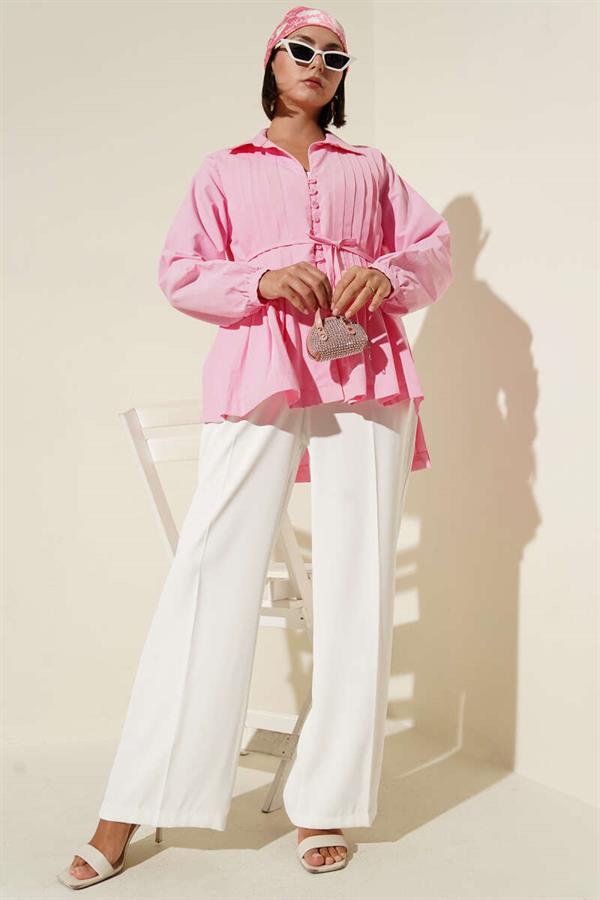 Pleated Front Brit Button-Down Shirt Pink
