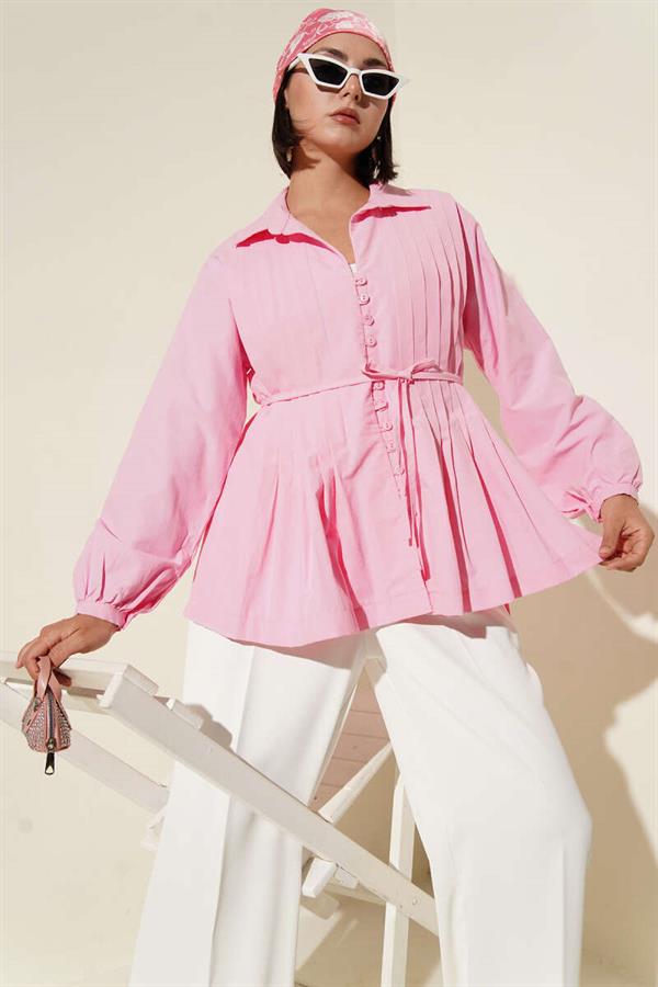 Pleated Front Brit Button-Down Shirt Pink