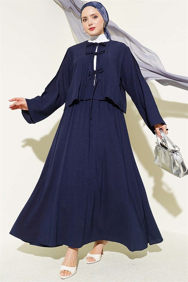 Navy Blue Pleated Front Lace-Up Skirt Suit