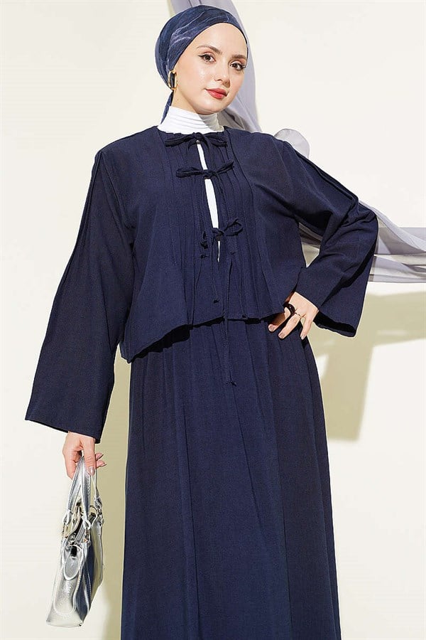 Navy Blue Pleated Front Lace-Up Skirt Suit