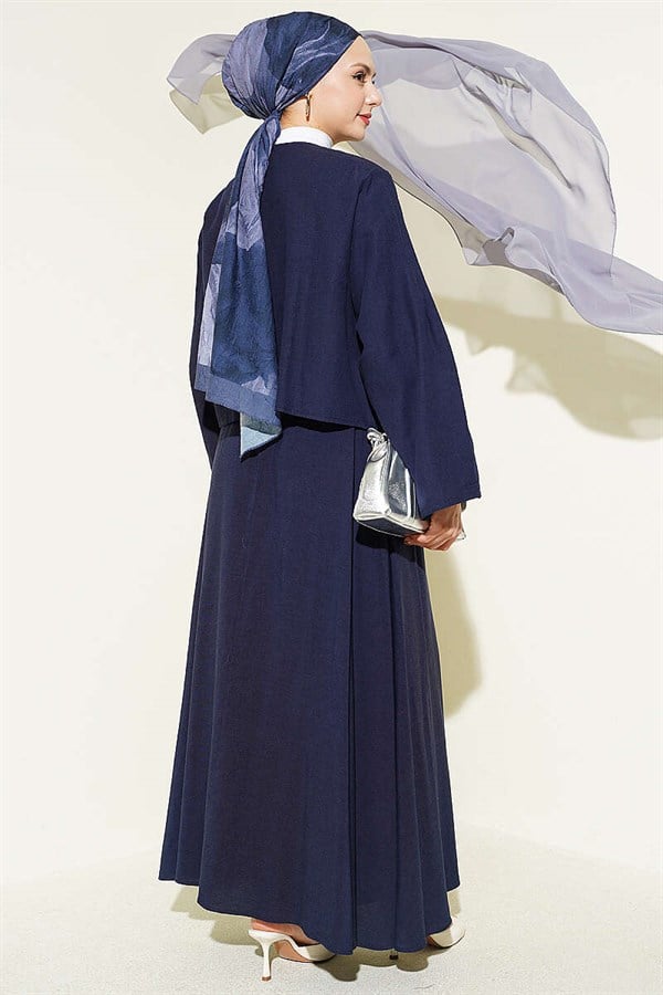 Navy Blue Pleated Front Lace-Up Skirt Suit