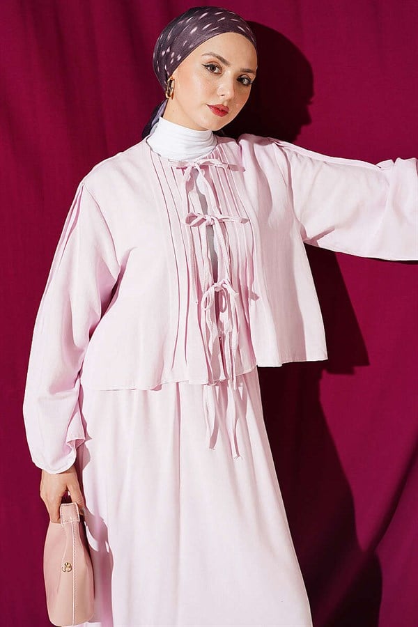 Pink Pleated Front Lace-Up Skirt Set