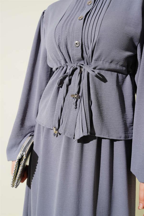 Pleated Front Waist Tunnel Skirted 2 Piece Set Slate Gray
