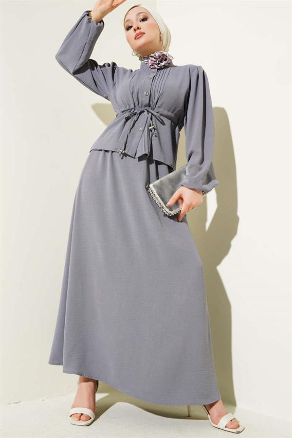 Pleated Front Waist Tunnel Skirted 2 Piece Set Slate Gray