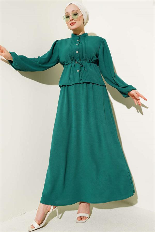 Pleated Front Waist Tunnel Skirted 2 Piece Set Emerald