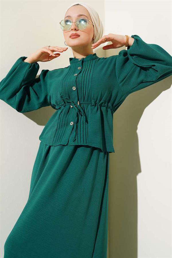 Pleated Front Waist Tunnel Skirted 2 Piece Set Emerald