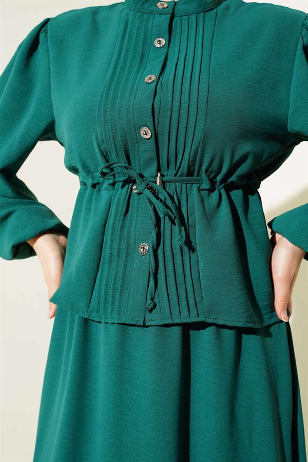 Pleated Front Waist Tunnel Skirted 2 Piece Set Emerald