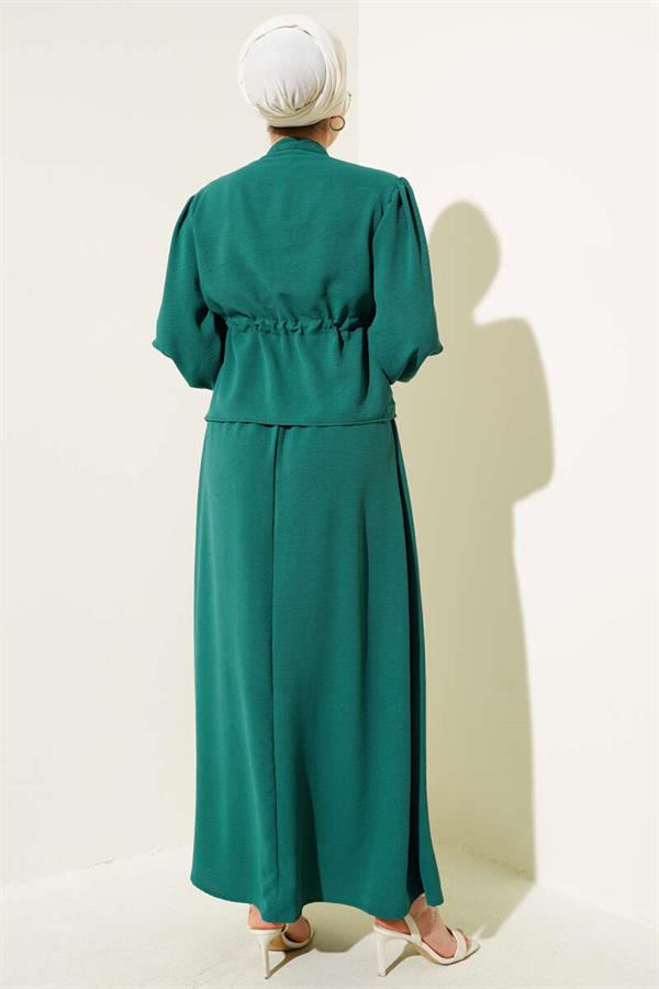Pleated Front Waist Tunnel Skirted 2 Piece Set Emerald