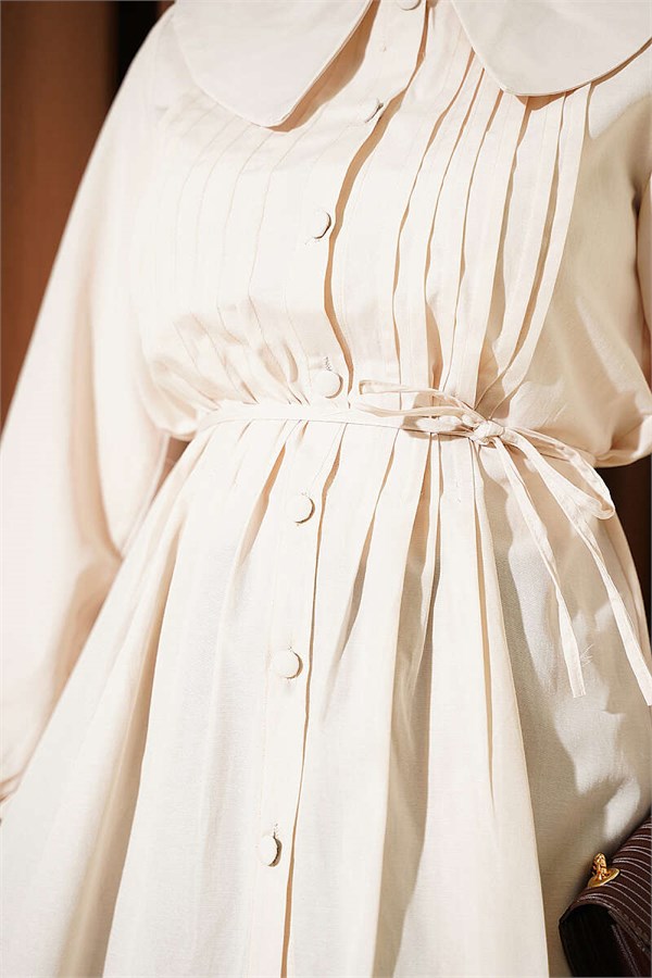 Pleated Front Sailor Collar Shirt, Beige