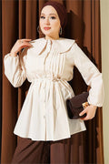 Pleated Front Sailor Collar Shirt, Beige