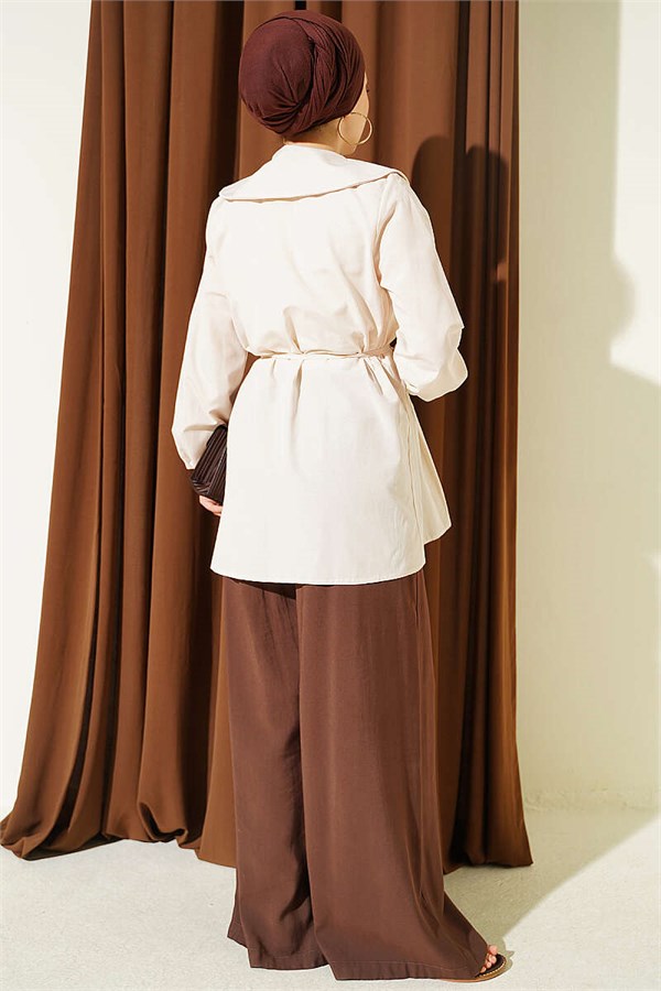Pleated Front Sailor Collar Shirt, Beige