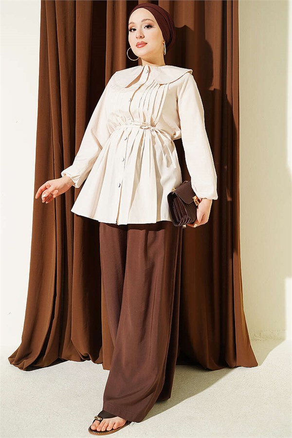 Pleated Front Sailor Collar Shirt, Beige