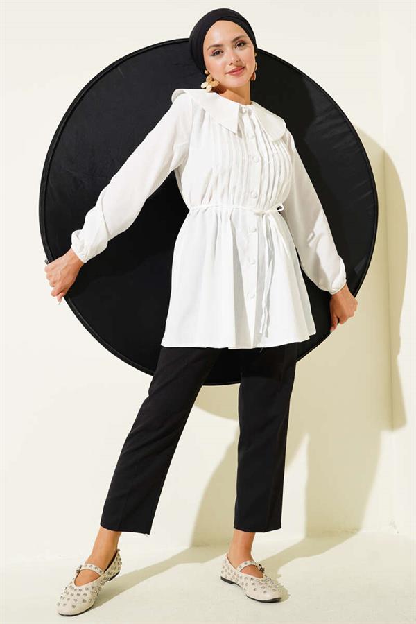 Pleated Front Navy Collar Shirt White