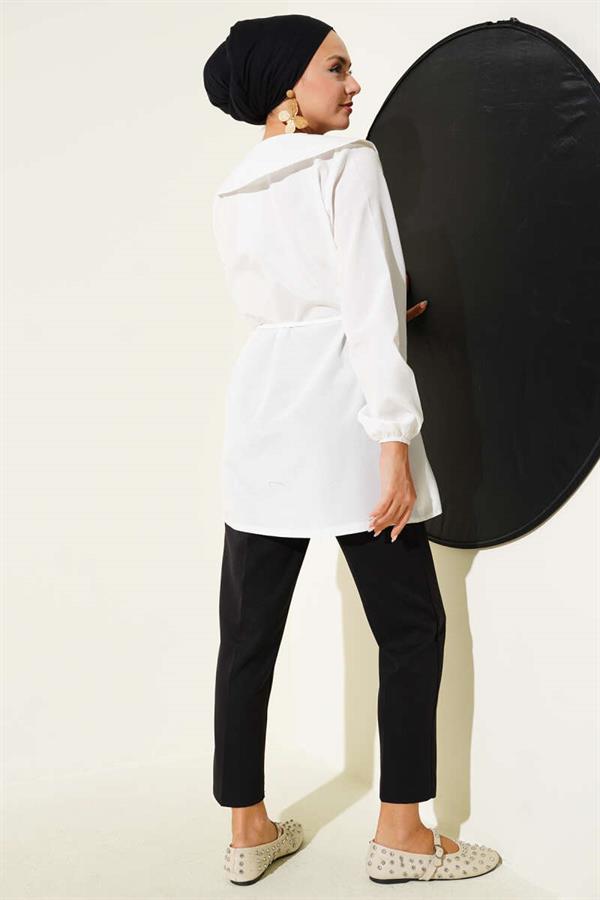 Pleated Front Navy Collar Shirt White