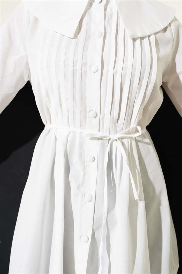Pleated Front Navy Collar Shirt White