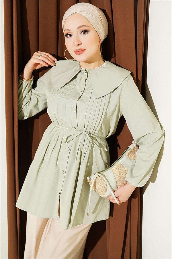 Pleated Front Sailor Collar Shirt, Light Green