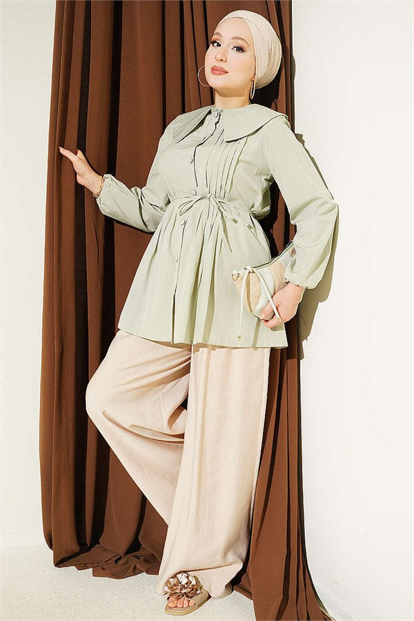 Pleated Front Sailor Collar Shirt, Light Green