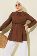 Front Pleated Sailor Collar Shirt, Brown