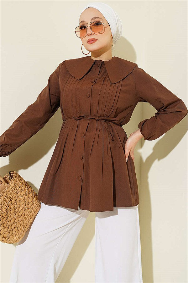 Front Pleated Sailor Collar Shirt, Brown