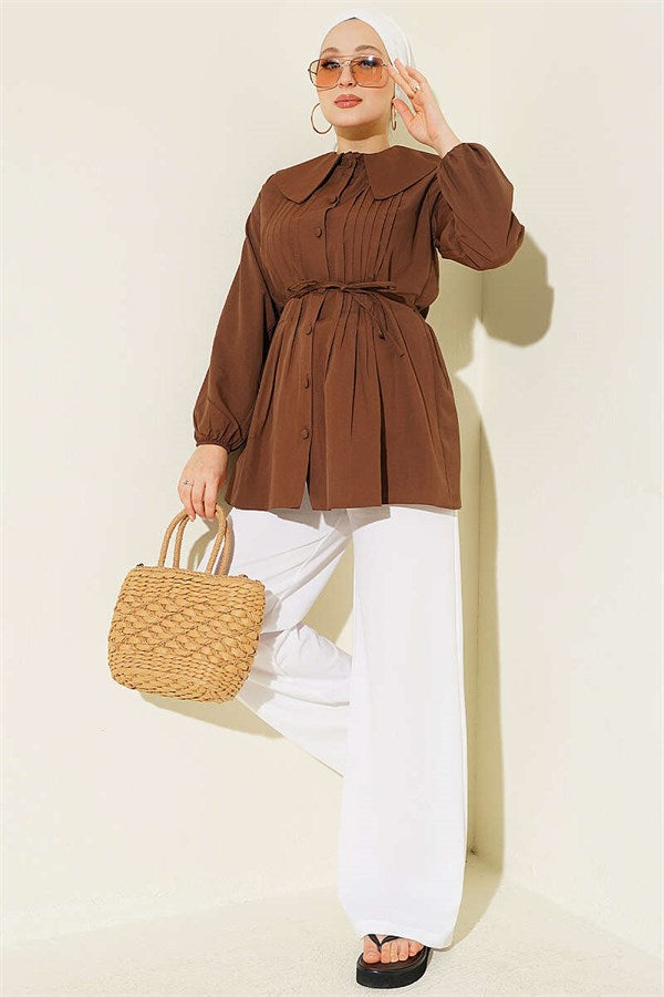 Front Pleated Sailor Collar Shirt, Brown